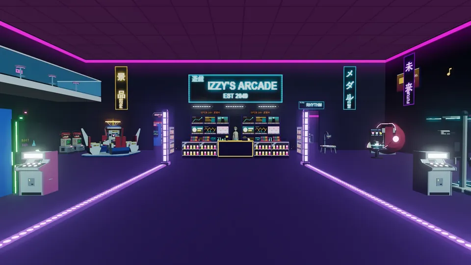Inside Izzy's Arcade: neon strips, arcade cabinets, a prize counter and a mezzanine