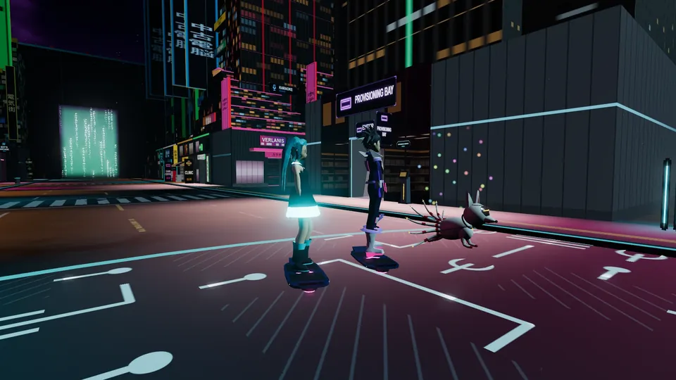 Two players riding neon hoverboards down the high street, a fox-tailed Construct beside them
