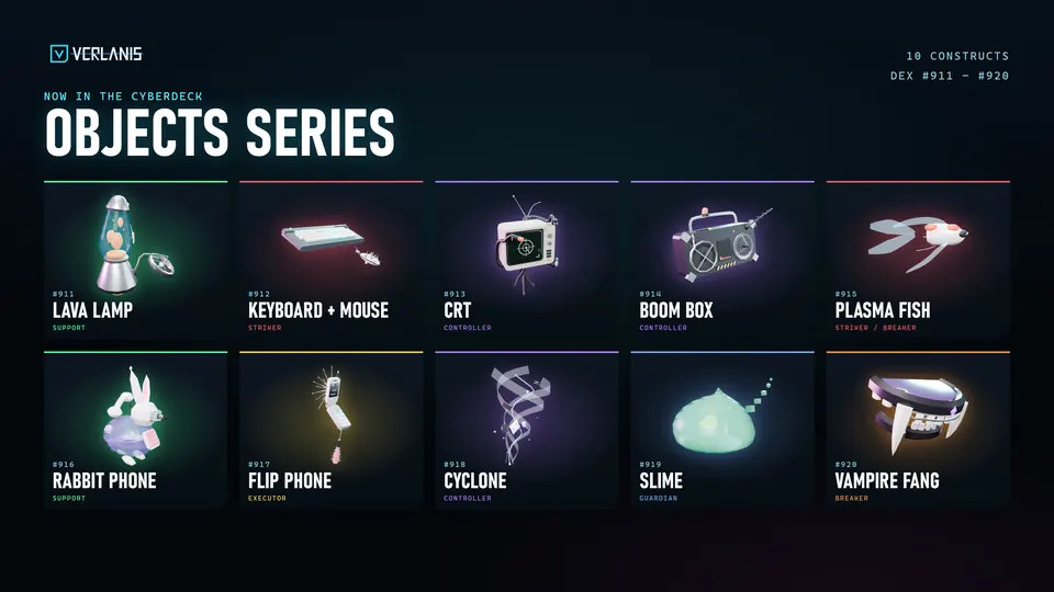 Objects series: Lava Lamp, Keyboard + Mouse, CRT, Boom Box, Plasma Fish, Rabbit Phone, Flip Phone, Cyclone, Slime, Vampire Fang