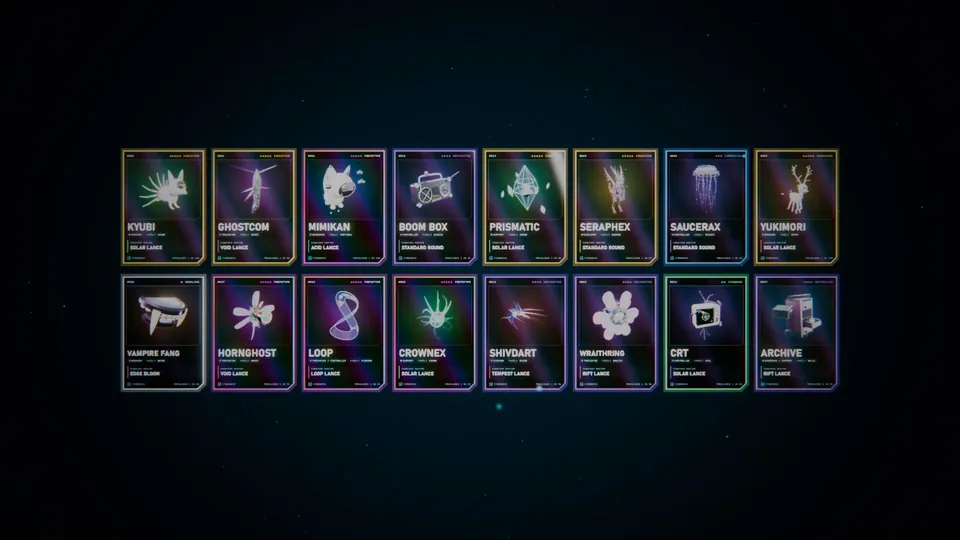 Two rows of holographic Construct cards